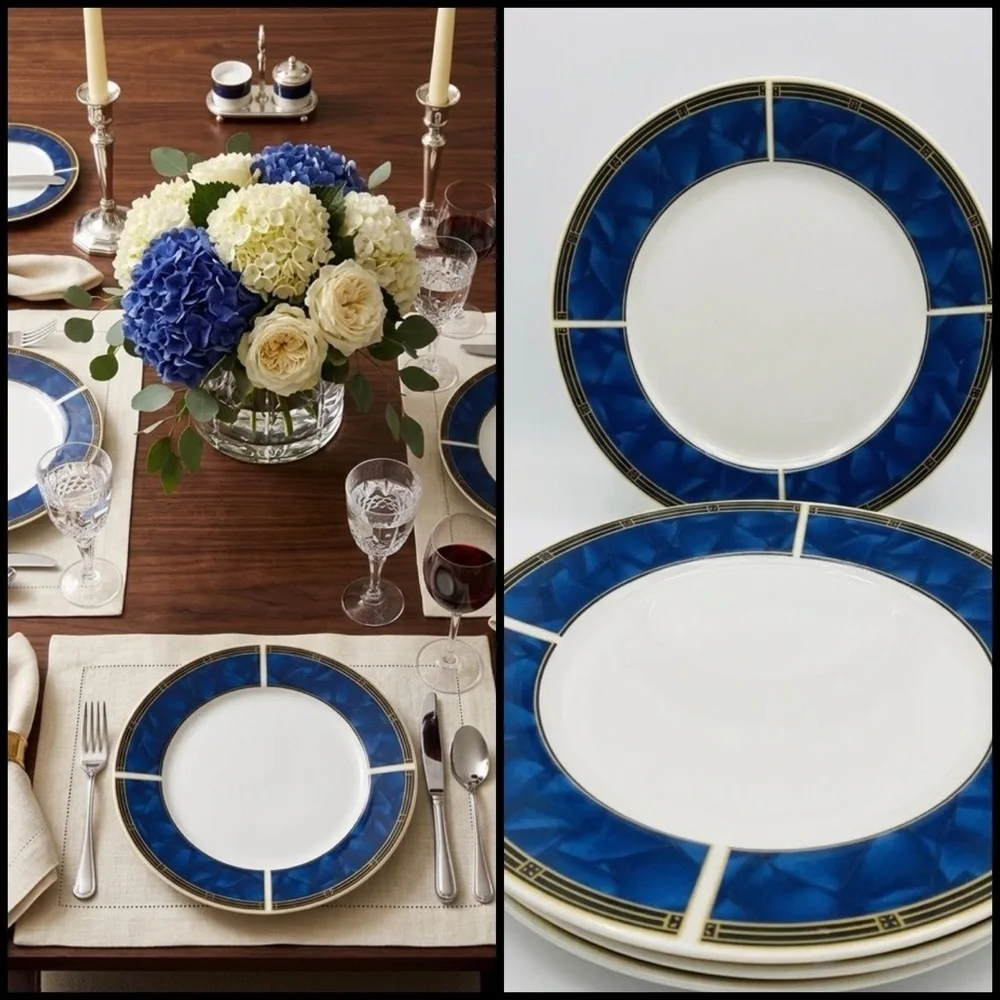 4 VTG Sapphire Sango 8822 MCM Stoneware Blue White Yellow 10.5”Dinner Plate Set